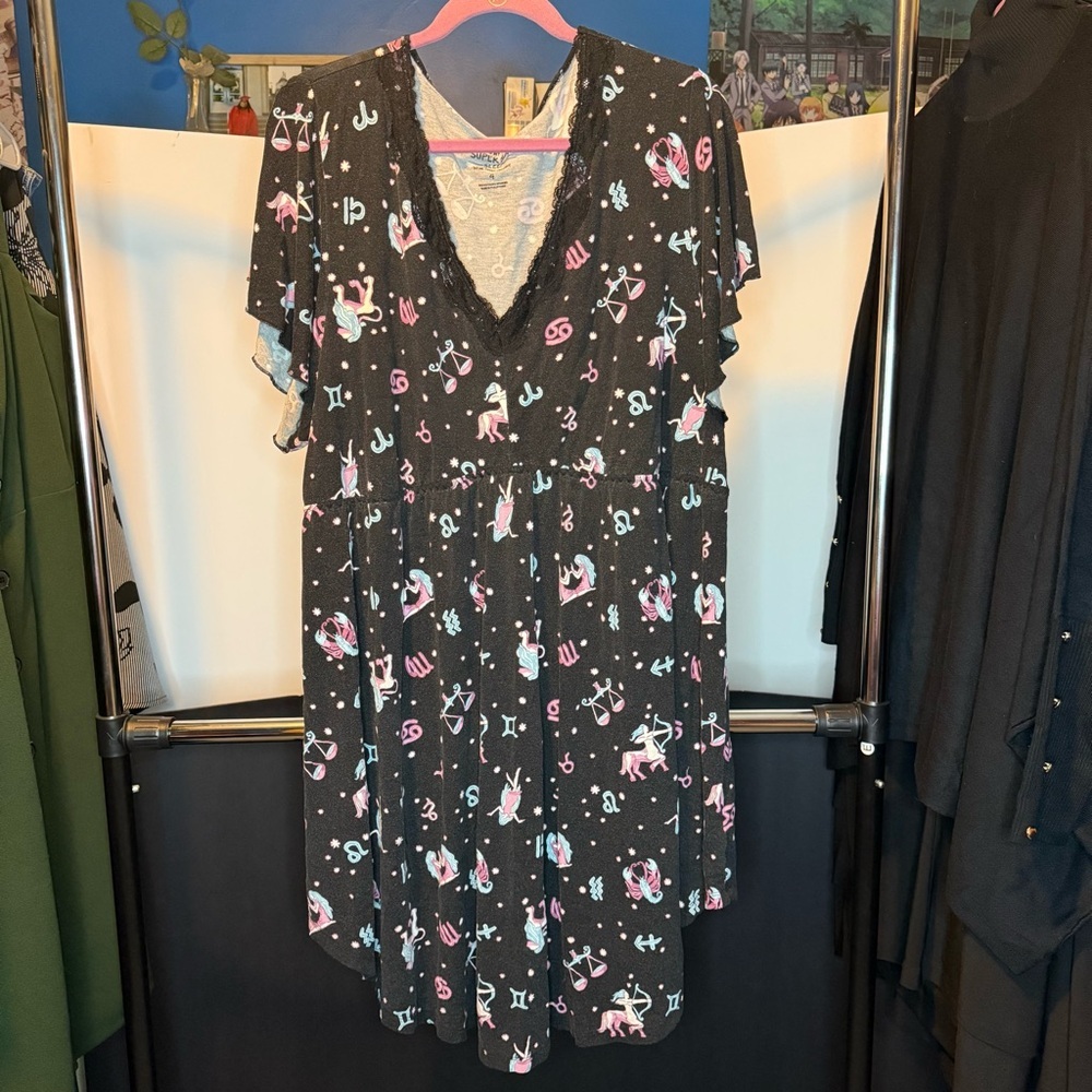 Torrid size 4(26) Black Sleepwear Dress with Pink and Blue Zodiac Sign